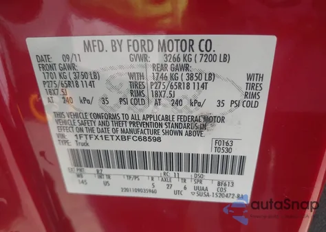 2011 Ford F-150 Xlt из США, поврежденный, VIN 1FTFX1ETXBFC68598